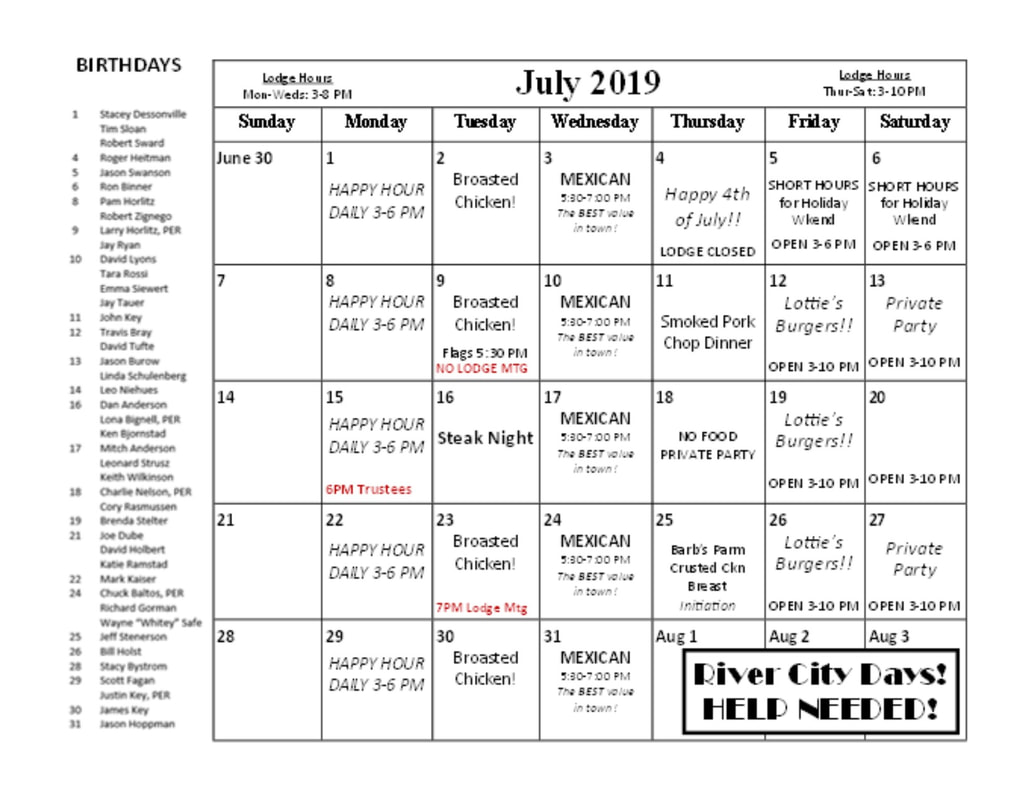 Calendar Red Wing Elks Lodge 845 4th of July Weekend Hours (Fri
